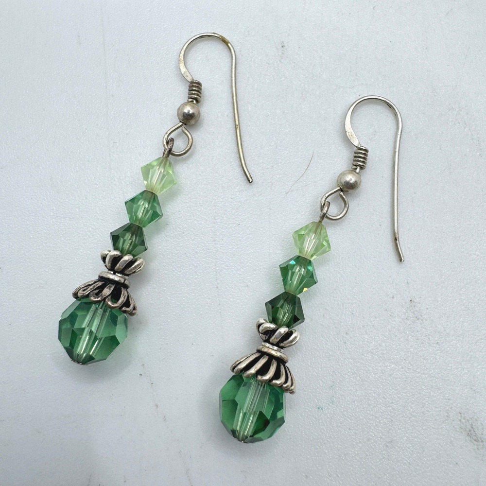 Green Crystal Gradient Drop Earrings Silver Tone French Hook Dangle Handcrafted